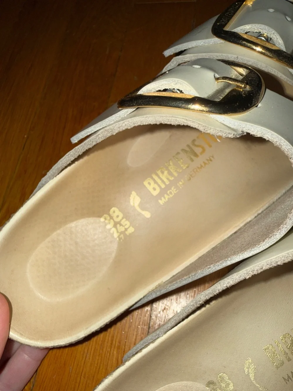 Birkenstock Women's Double-Buckle Slide Sandals in White with Gold Buckles - Picture 3 of 4